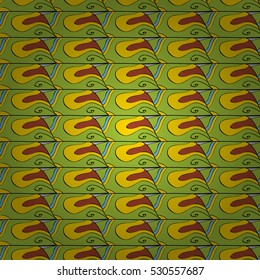 Cartoon hand-drawn doodles.Seamless pattern. Colorful detailed, with lots of objects vector background. Yellow, green.
