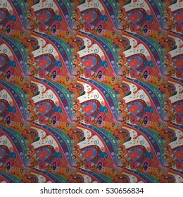 Cartoon hand-drawn doodles.Seamless pattern. Colorful detailed, with lots of objects vector background. Brown, white.