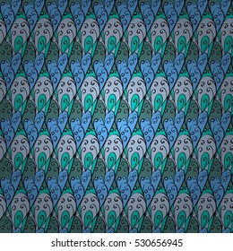 Cartoon hand-drawn doodles.Seamless pattern. Colorful detailed, with lots of objects vector background. Blue, green, pink.