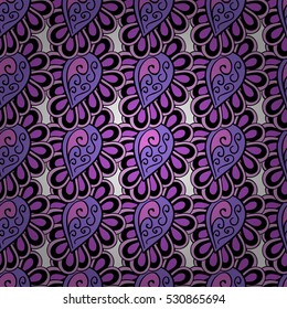 Cartoon hand-drawn doodles.Seamless pattern. Colorful detailed, with lots of objects vector background. Lilac, violet, white, blue.