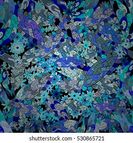 Cartoon hand-drawn doodles.Seamless pattern. Colorful detailed, with lots of objects vector background. Blue. Small flowers.