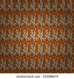 Cartoon hand-drawn doodles.Seamless pattern. Colorful detailed, with lots of objects vector background. Orange, brown.