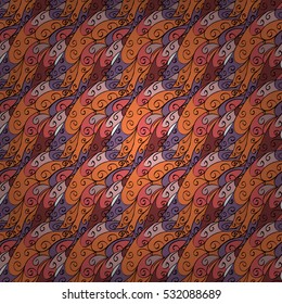 Cartoon hand-drawn doodles.Seamless pattern. Colorful detailed, with lots of objects vector background. Brown, orange.