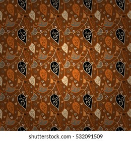 Cartoon hand-drawn doodles.Seamless pattern. Colorful detailed, with lots of objects vector background. Brown, beige, leaves.