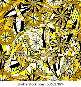 Cartoon hand-drawn doodles.Seamless pattern. Colorful detailed, with lots of objects vector background