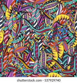 Cartoon hand-drawn doodles.Seamless pattern. Colorful detailed, with lots of objects vector background. Yellow, stripe.