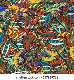Cartoon hand-drawn doodles.Seamless pattern. Colorful detailed, with lots of objects vector background. Yellow, stripe.