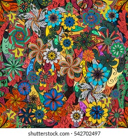 Cartoon hand-drawn doodles.Seamless pattern. Colorful detailed, with lots of objects vector background