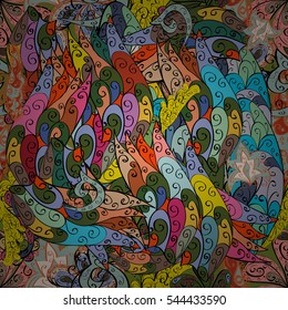 Cartoon hand-drawn doodles.Seamless pattern. Colorful detailed, with lots of objects vector background. Radial gradient shape.