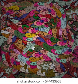 Cartoon hand-drawn doodles.Seamless pattern. Colorful detailed, with lots of objects vector background. Radial gradient shape.