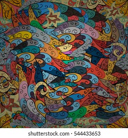 Cartoon hand-drawn doodles.Seamless pattern. Colorful detailed, with lots of objects vector background. Radial gradient shape.
