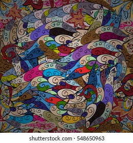 Cartoon hand-drawn doodles.Seamless pattern. Colorful detailed, with lots of objects vector background. Radial gradient shape.
