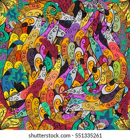 Cartoon hand-drawn doodles.Seamless pattern. Colorful detailed, with lots of objects vector background. Colorful.