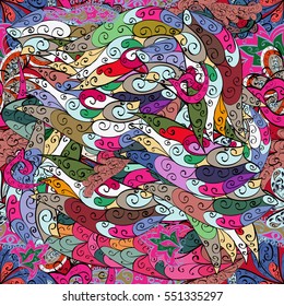 Cartoon hand-drawn doodles.Seamless pattern. Colorful detailed, with lots of objects vector background. Colorful.