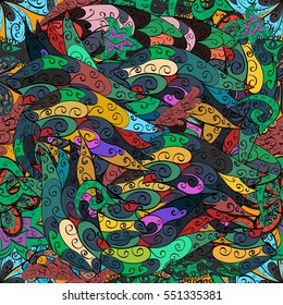 Cartoon hand-drawn doodles.Seamless pattern. Colorful detailed, with lots of objects vector background. Colorful.