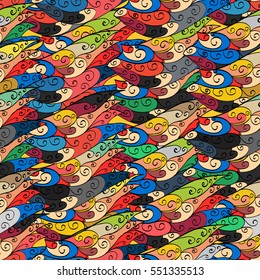 Cartoon hand-drawn doodles.Seamless pattern. Colorful detailed, with lots of objects vector background. Colorful.