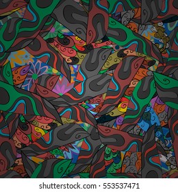 Cartoon hand-drawn doodles.Seamless pattern. Colorful detailed, with lots of objects vector background. Radial gradient shape.