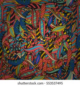 Cartoon hand-drawn doodles.Seamless pattern. Colorful detailed, with lots of objects vector background. Radial gradient shape.