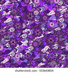 Cartoon hand-drawn doodles.Seamless pattern. Colorful detailed, with lots of objects vector background