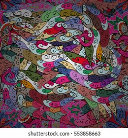 Cartoon hand-drawn doodles.Seamless pattern. Colorful detailed, with lots of objects vector background. Colorful.