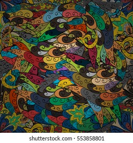 Cartoon hand-drawn doodles.Seamless pattern. Colorful detailed, with lots of objects vector background. Colorful.