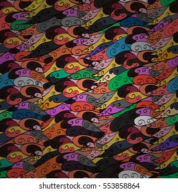 Cartoon hand-drawn doodles.Seamless pattern. Colorful detailed, with lots of objects vector background. Colorful.