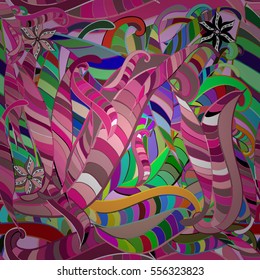 Cartoon hand-drawn doodles.Seamless pattern. Colorful detailed, with lots of objects vector background. Radial gradient shape.