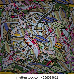 Cartoon hand-drawn doodles.Seamless pattern. Colorful detailed, with lots of objects vector background. Radial gradient shape.