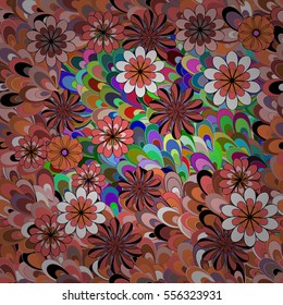 Cartoon hand-drawn doodles.Seamless pattern. Colorful detailed, with lots of objects vector background. Radial gradient shape.