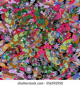 Cartoon hand-drawn doodles.Seamless pattern. Colorful detailed, with lots of objects vector background