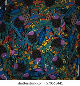 Cartoon hand-drawn doodles.Seamless pattern. Colorful detailed, with lots of objects vector background