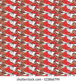 Cartoon hand-drawn doodles.Seamless pattern. Red and whiteColorful detailed, with lots of objects vector background
