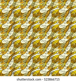 Cartoon hand-drawn doodles.Seamless pattern. Yellow, beige. detailed, with lots of objects vector background