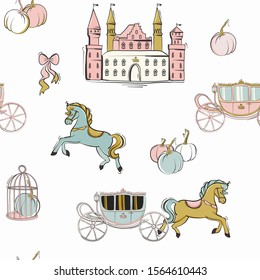 Cartoon hand-drawn fairy tale dream texture, pink castle, horse, pumpkin, cage fantasy wonderlad. Nursery kids princess pattern for fabric, wrapping, textile, wallpaper, apparel. Vector illustration