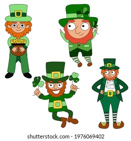 Cartoon hand-drawn four leprechauns white isolated set stock vector illustration. Happy four different fairy tale characters leprechauns in green clothes. One of a series