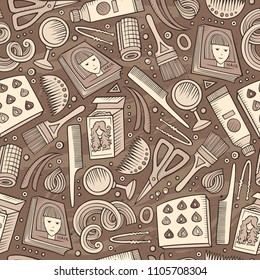 Cartoon hand-drawn Hair salon seamless pattern. Lots of symbols, objects and elements. Perfect funny vector background.