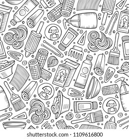 Cartoon hand-drawn Hair salon seamless pattern. Lots of symbols, objects and elements. Perfect funny vector background.