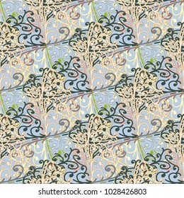 Cartoon handdrawn handmade doodles seamless pattern. Colorful detailed with lot objects backdrop. Seamless abstract hand-drawn waves pattern, wavy background. Zentangle inspired art