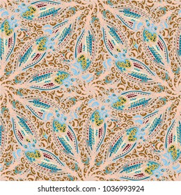 Cartoon handdrawn handmade doodles seamless pattern. Colorful detailed with lot objects backdrop. Seamless abstract hand-drawn waves pattern, wavy background. Zentangle inspired art