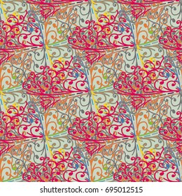 Cartoon handdrawn handmade doodles seamless pattern. Colorful detailed with lot objects backdrop. Seamless abstract hand-drawn waves pattern, wavy background. Zentangle inspired art