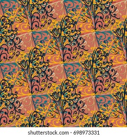Cartoon handdrawn handmade doodles seamless pattern. Colorful detailed with lot objects backdrop. Seamless abstract hand-drawn waves pattern, wavy background. Zentangle inspired art