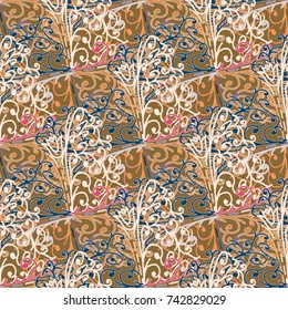Cartoon handdrawn handmade doodles seamless pattern. Colorful detailed with lot objects backdrop. Seamless abstract hand-drawn waves pattern, wavy background. Zentangle inspired art