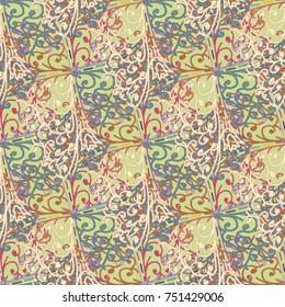 Cartoon handdrawn handmade doodles seamless pattern. Colorful detailed with lot objects backdrop. Seamless abstract hand-drawn waves pattern, wavy background. Zentangle inspired art