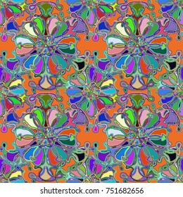 Cartoon handdrawn handmade doodles seamless pattern. Colorful detailed with lot objects backdrop. Seamless abstract hand-drawn waves pattern, wavy background. Zentangle inspired art
