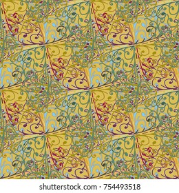 Cartoon handdrawn handmade doodles seamless pattern. Colorful detailed with lot objects backdrop. Seamless abstract hand-drawn waves pattern, wavy background. Zentangle inspired art