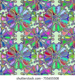 Cartoon handdrawn handmade doodles seamless pattern. Colorful detailed with lot objects backdrop. Seamless abstract hand-drawn waves pattern, wavy background. Zentangle inspired art
