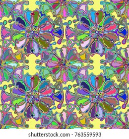 Cartoon handdrawn handmade doodles seamless pattern. Colorful detailed with lot objects backdrop. Seamless abstract hand-drawn waves pattern, wavy background. Zentangle inspired art