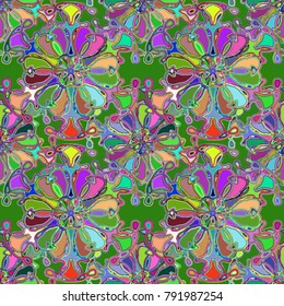 Cartoon handdrawn handmade doodles seamless pattern. Colorful detailed with lot objects backdrop. Seamless abstract hand-drawn waves pattern, wavy background. Zentangle inspired art