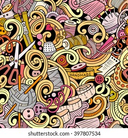 Cartoon hand-drawn handmade and sewing doodles seamless pattern. Colorful detailed, with lots of objects vector background