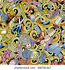 Cartoon hand-drawn handmade and sewing doodles seamless pattern. Colorful detailed, with lots of objects vector background